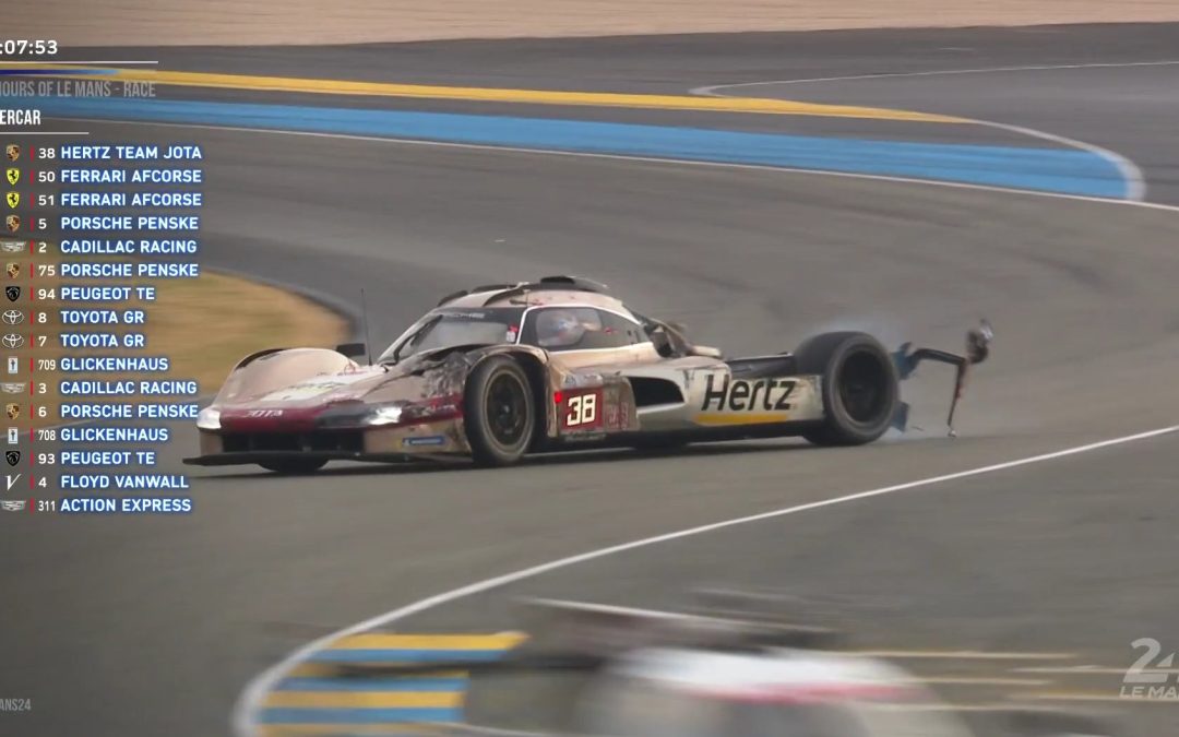 24H du Mans, H+5 : La Porsche/Hertz Team JOTA de tête très endommagée après une sortie de piste