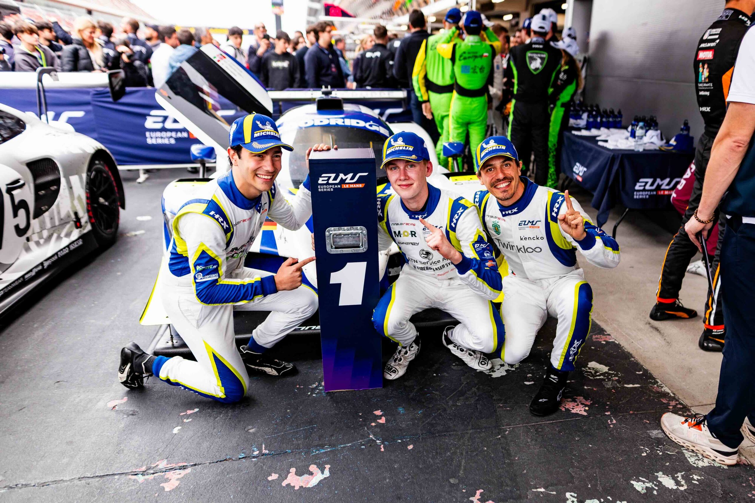 20 JENSEN Michael (DEN), TRULLI Enzo (ITA), JAKOBSEN, Malthe (DEN), ALGARVE PRO RACING, #20, Oreca 07 - Gibson, LMP2 PRO/AM, portrait in the podium during the 4h of Barcelona, Round 1 of the 2026 European Le Mans Series, from April 9th to 12th on the Circuit de Barcelona-Catalunya in Montmelo, Barcelona, Spain - Photo Javier Jimenez / European Le Mans Series -